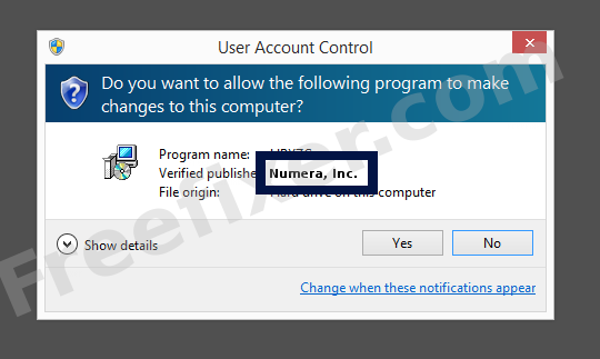 Screenshot where Numera, Inc. appears as the verified publisher in the UAC dialog